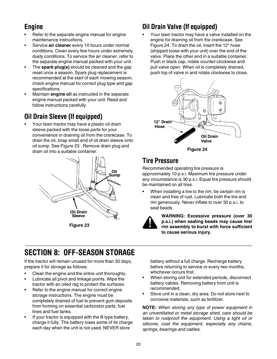 Engine, Oil drain sleeve (if equipped), Oil drain valve (if equipped) | Tire pressure | Yard Machines 690 Thru 699 User Manual | Page 20 / 24