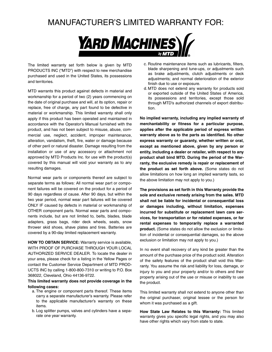 Manufacturer’s limited warranty for | Yard Machines 690 Thru 699 User Manual | Page 24 / 24