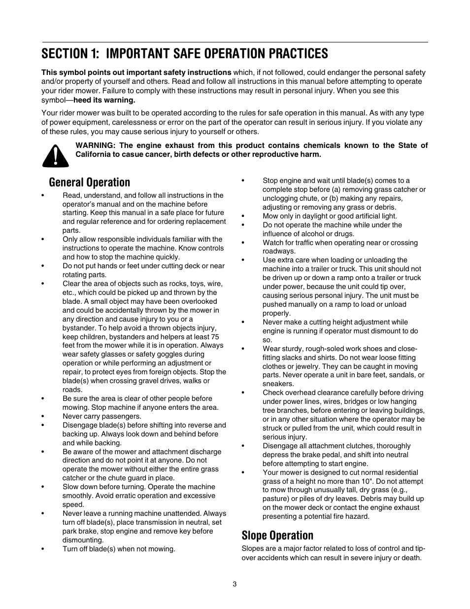 General operation, Slope operation | Yard Machines 690 Thru 699 User Manual | Page 3 / 24