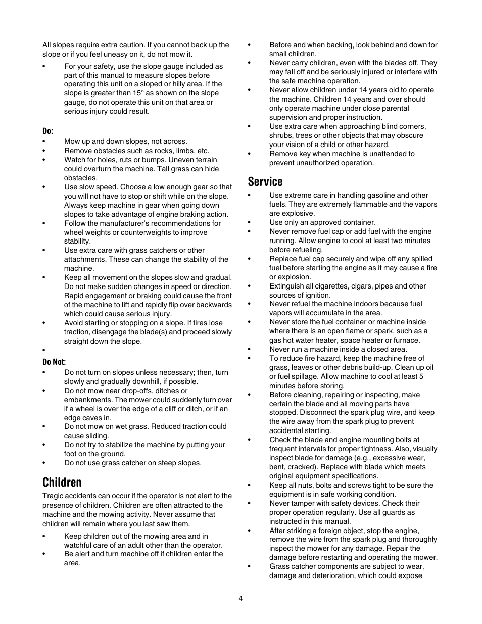 Children, Service | Yard Machines 690 Thru 699 User Manual | Page 4 / 24