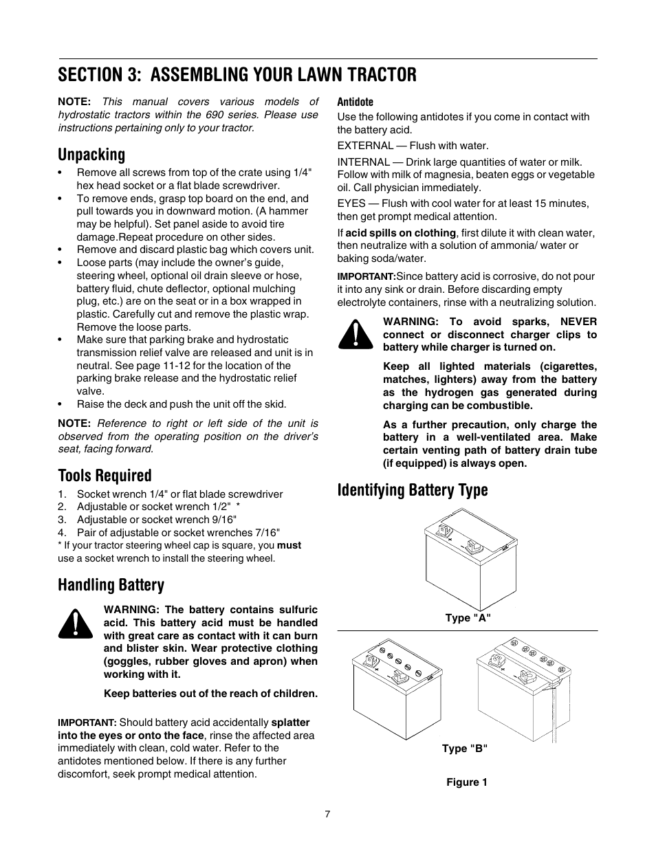 Unpacking, Tools required, Handling battery | Identifying battery type | Yard Machines 690 Thru 699 User Manual | Page 7 / 24