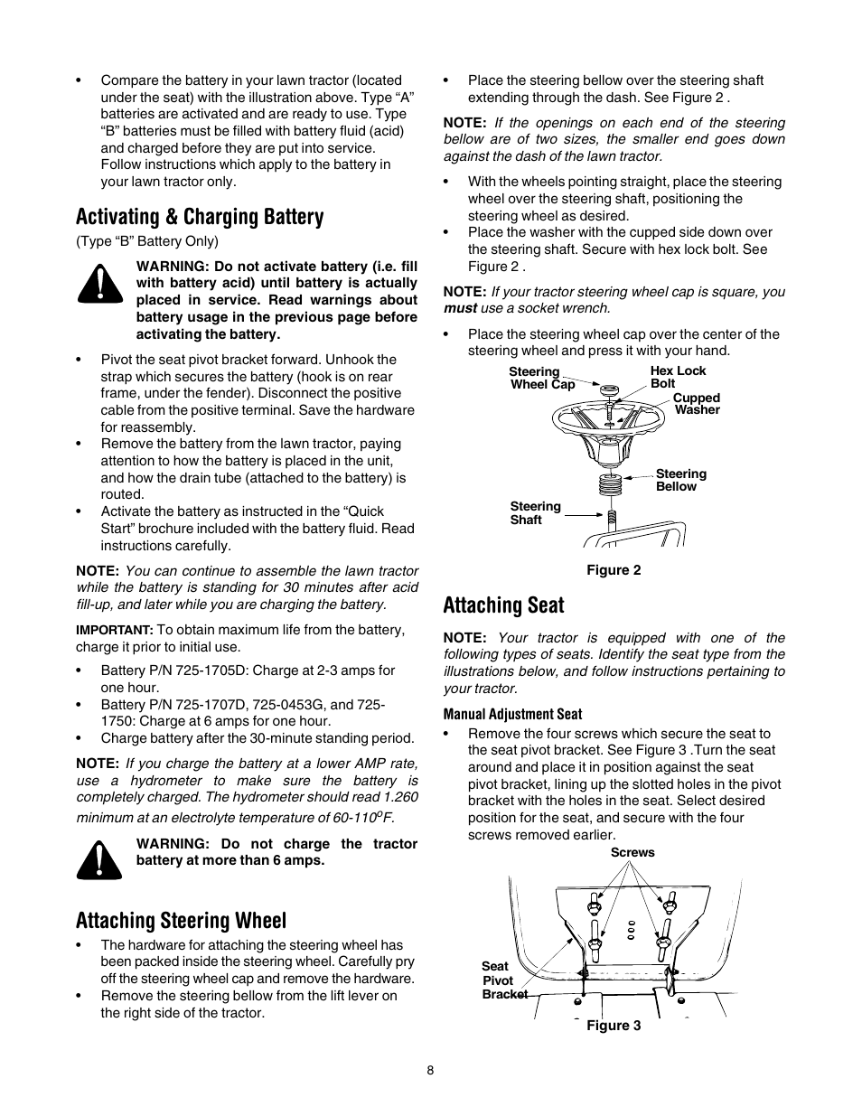 Activating & charging battery, Attaching steering wheel, Attaching seat | Yard Machines 690 Thru 699 User Manual | Page 8 / 24