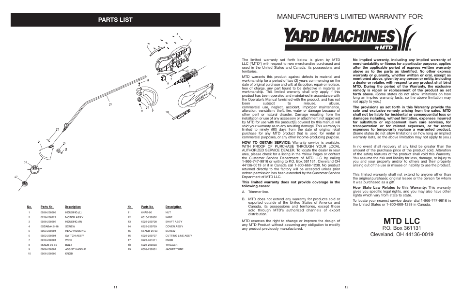 Mtd llc, Manufacturer’s limited warranty for, Parts list | Yard Machines MTD308P User Manual | Page 12 / 42