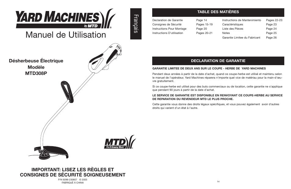 Manuel de utilisation, Français | Yard Machines MTD308P User Manual | Page 14 / 42