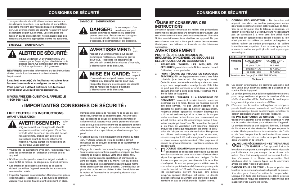 Alerte de sécurité, Danger, Avertissement | Mise en garde, Importantes consignes de sécurité, Consignes de sécurité, Lire et conserver ces instructions, Lire toutes les instructions | Yard Machines MTD308P User Manual | Page 16 / 42