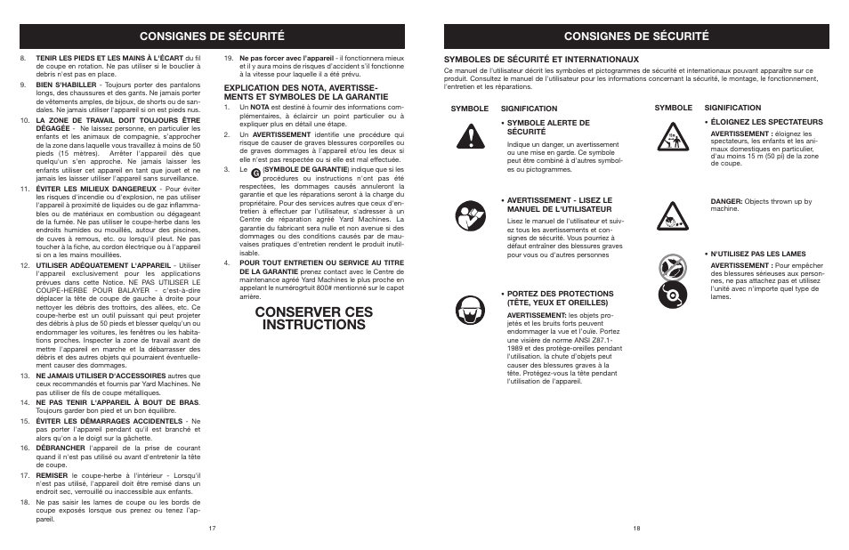 Conserver ces instructions, Consignes de sécurité | Yard Machines MTD308P User Manual | Page 18 / 42