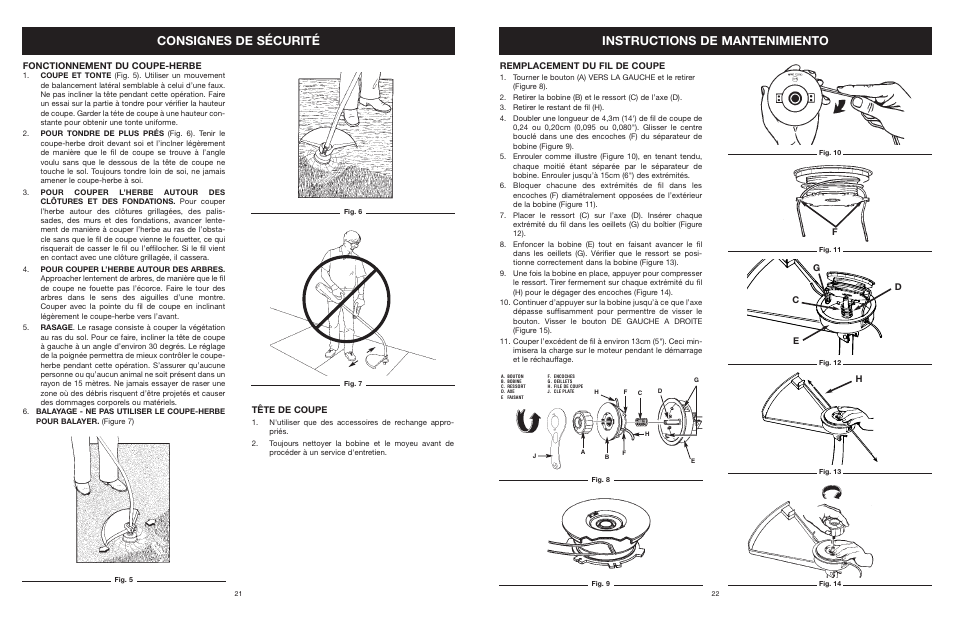 Consignes de sécurité, Instructions de mantenimiento, Fonctionnement du coupe-herbe | Tête de coupe, Remplacement du fil de coupe, Dg c e | Yard Machines MTD308P User Manual | Page 22 / 42