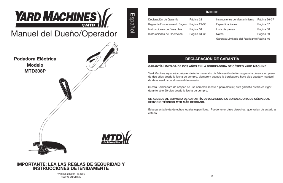 Manuel del dueño/operador, Español | Yard Machines MTD308P User Manual | Page 29 / 42