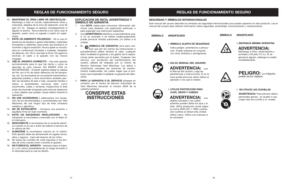 Conserve estas instrucciones, Peligro, Advertencia | Reglas de funcionamiento seguro | Yard Machines MTD308P User Manual | Page 32 / 42