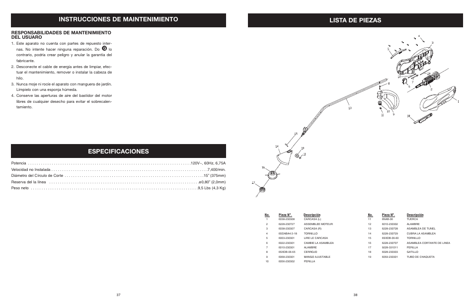 Instrucciones de maintenimiento, Especificaciones lista de piezas, Responsabilidades de mantenimiento del usuaro | Yard Machines MTD308P User Manual | Page 38 / 42
