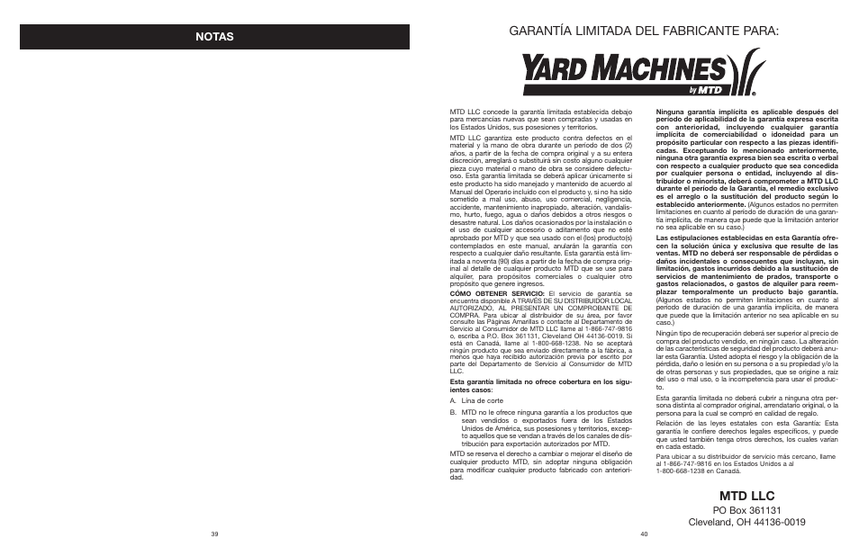 Garantía limitada del fabricante para, Mtd llc, Notas | Yard Machines MTD308P User Manual | Page 40 / 42