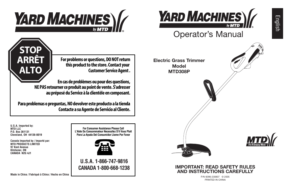 Stop arrêt alto, Operator’s manual, English | Yard Machines MTD308P User Manual | Page 42 / 42