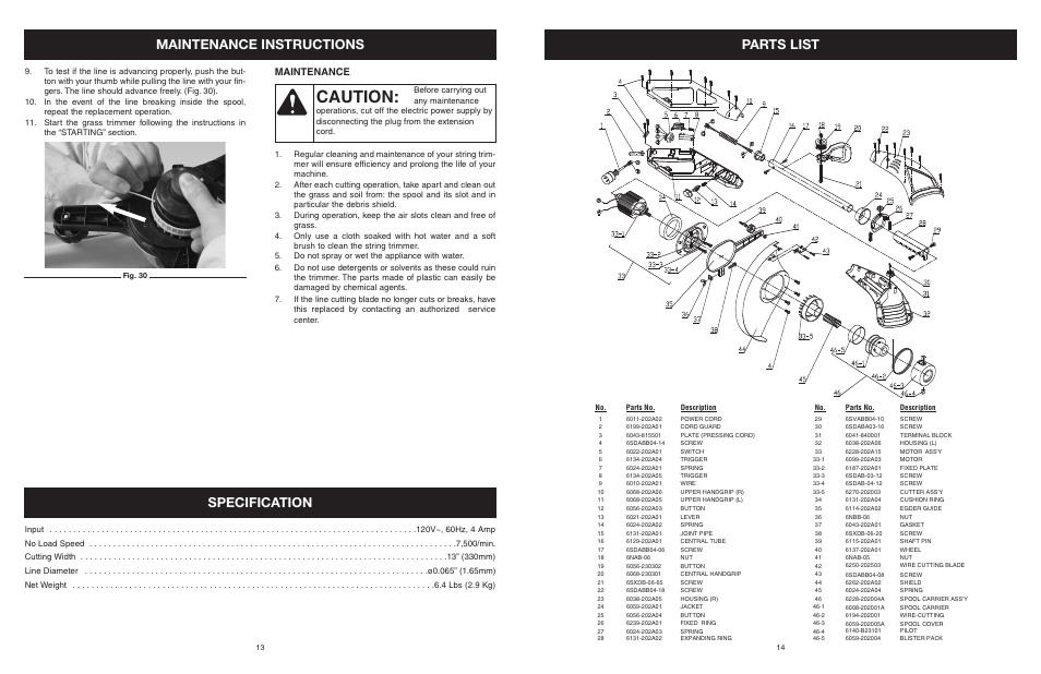 Caution, Maintenance instructions, Specification parts list | Maintenance | Yard Machines MTDA13P User Manual | Page 14 / 52