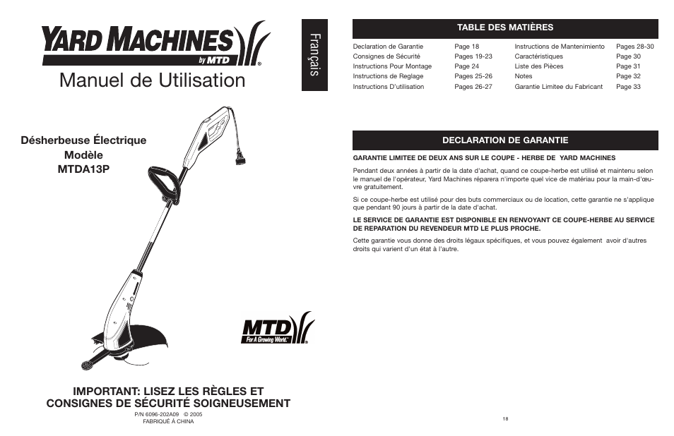Yard Machines MTDA13P User Manual | Page 18 / 52