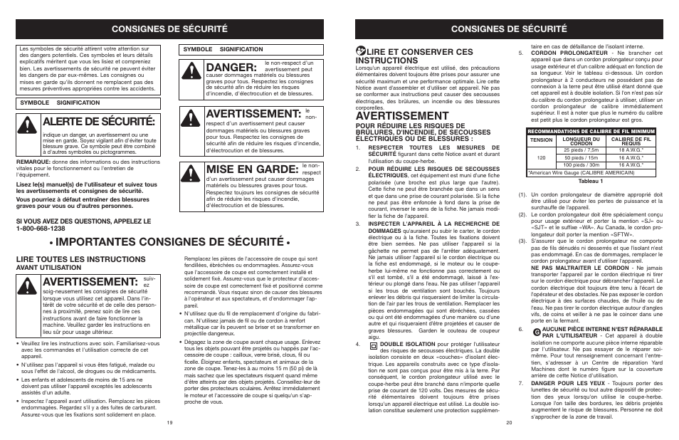 Alerte de sécurité, Danger, Avertissement | Mise en garde, Importantes consignes de sécurité, Consignes de sécurité, Lire et conserver ces instructions, Lire toutes les instructions | Yard Machines MTDA13P User Manual | Page 20 / 52