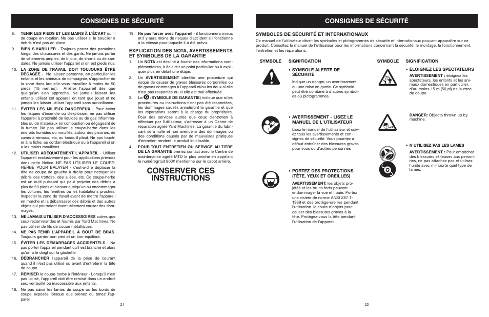 Conserver ces instructions, Consignes de sécurité | Yard Machines MTDA13P User Manual | Page 22 / 52