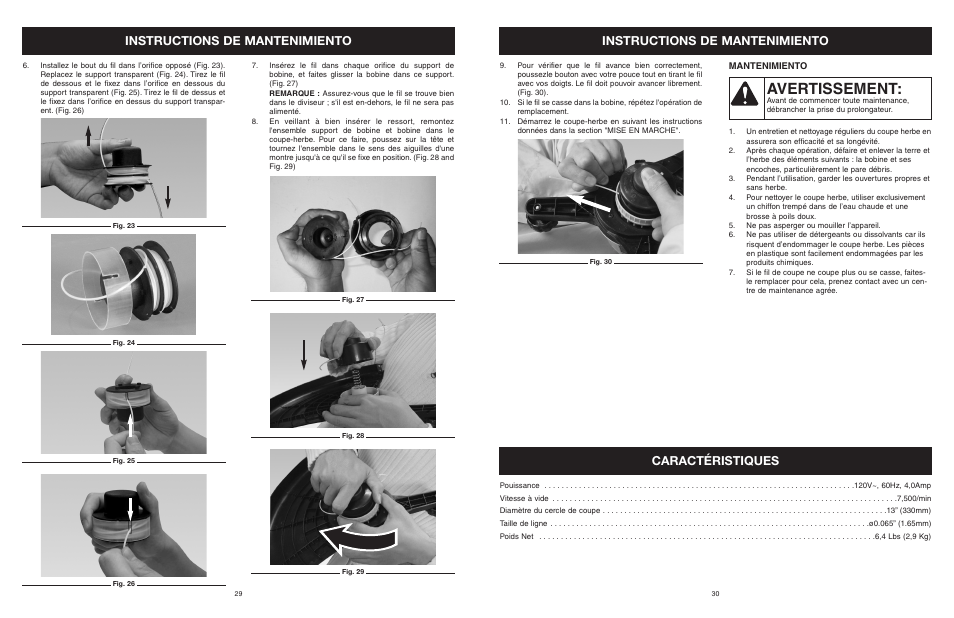 Avertissement, Instructions de mantenimiento, Caractéristiques | Yard Machines MTDA13P User Manual | Page 30 / 52