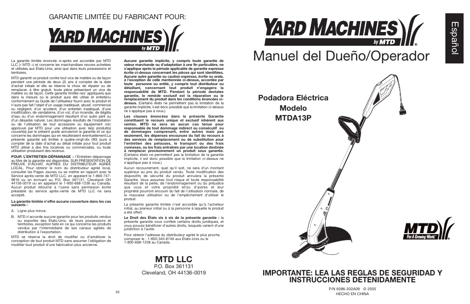 Manuel del dueño/operador, Español, Mtd llc | Garantie limitée du fabricant pour | Yard Machines MTDA13P User Manual | Page 35 / 52