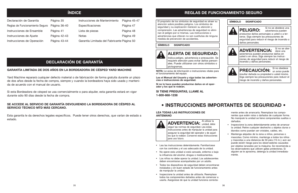 Instrucciones importantes de seguridad, Peligro, Advertencia | Precaución, Alerta de seguridad, Índice, Declaración de garantía, Reglas de funcionamiento seguro | Yard Machines MTDA13P User Manual | Page 37 / 52