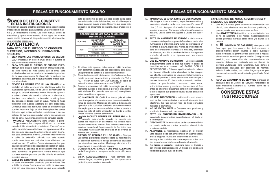 Advertencia, Conserve estas instrucciones, Reglas de funcionamiento seguro | Favor de leer - conserve estas instrucciones | Yard Machines MTDA13P User Manual | Page 38 / 52