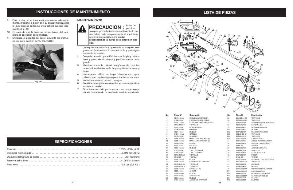 Precaucion, Instrucciones de maintenimiento, Especificaciones | Lista de piezas, Maintenimiento | Yard Machines MTDA13P User Manual | Page 48 / 52