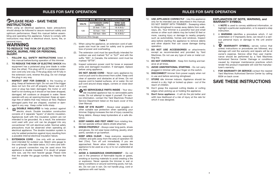 Warning, Save these instructions, Rules for safe operation | Please read - save these instructions | Yard Machines MTDA13P User Manual | Page 5 / 52