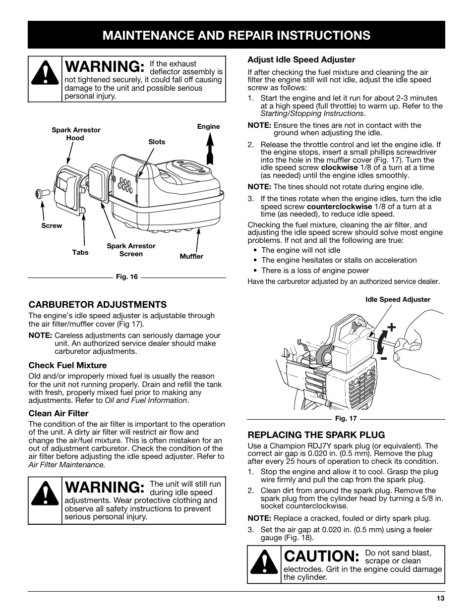 Caution, Warning, Maintenance and repair instructions | Yard Machines 769-02636 User Manual | Page 13 / 64