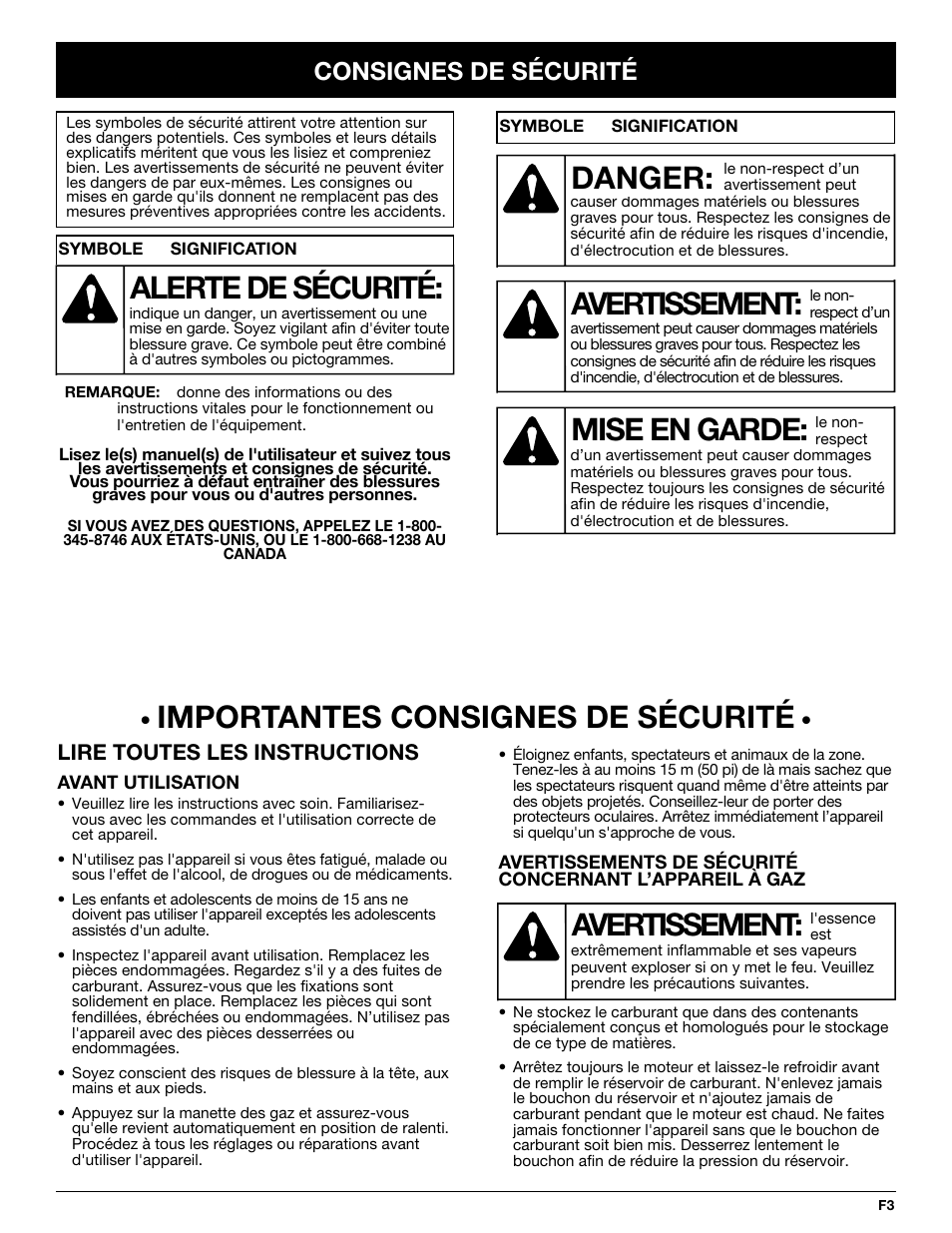 Avertissement, Danger, Mise en garde | Alerte de sécurité, Importantes consignes de sécurité, Consignes de sécurité | Yard Machines 769-02636 User Manual | Page 23 / 64