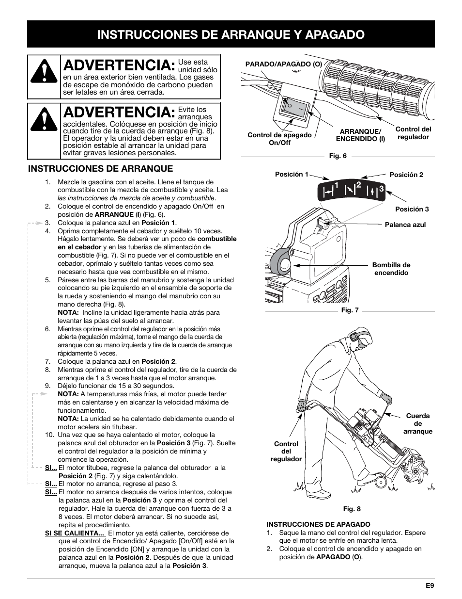 Advertencia, Instrucciones de arranque y apagado | Yard Machines 769-02636 User Manual | Page 49 / 64
