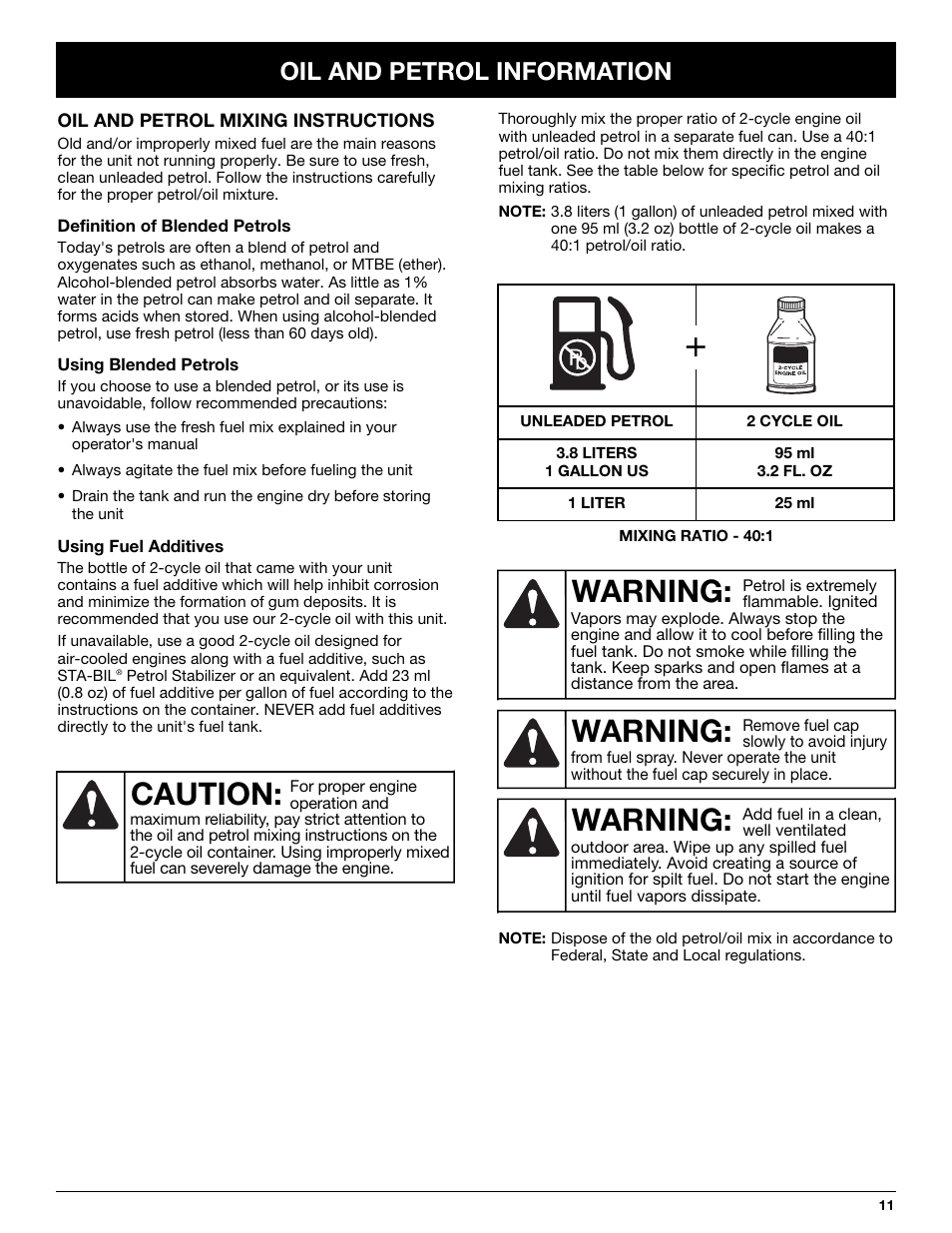 Warning, Caution, Oil and petrol information | Yard Machines LT31CSH User Manual | Page 11 / 24