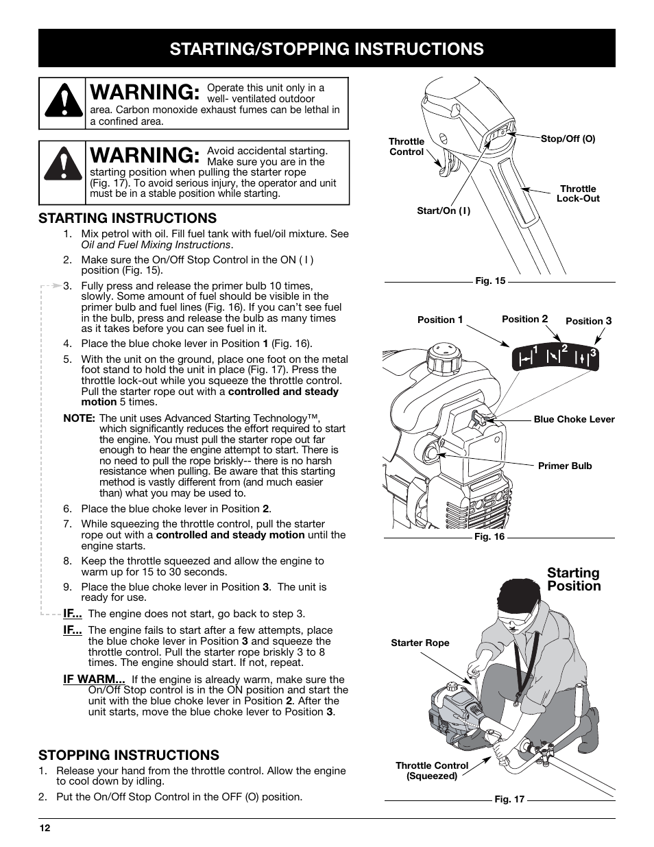 Warning, Starting/stopping instructions, Starting position | Stopping instructions, Starting instructions | Yard Machines LT31CSH User Manual | Page 12 / 24