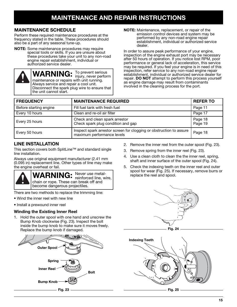 Warning, Maintenance and repair instructions | Yard Machines LT31CSH User Manual | Page 15 / 24