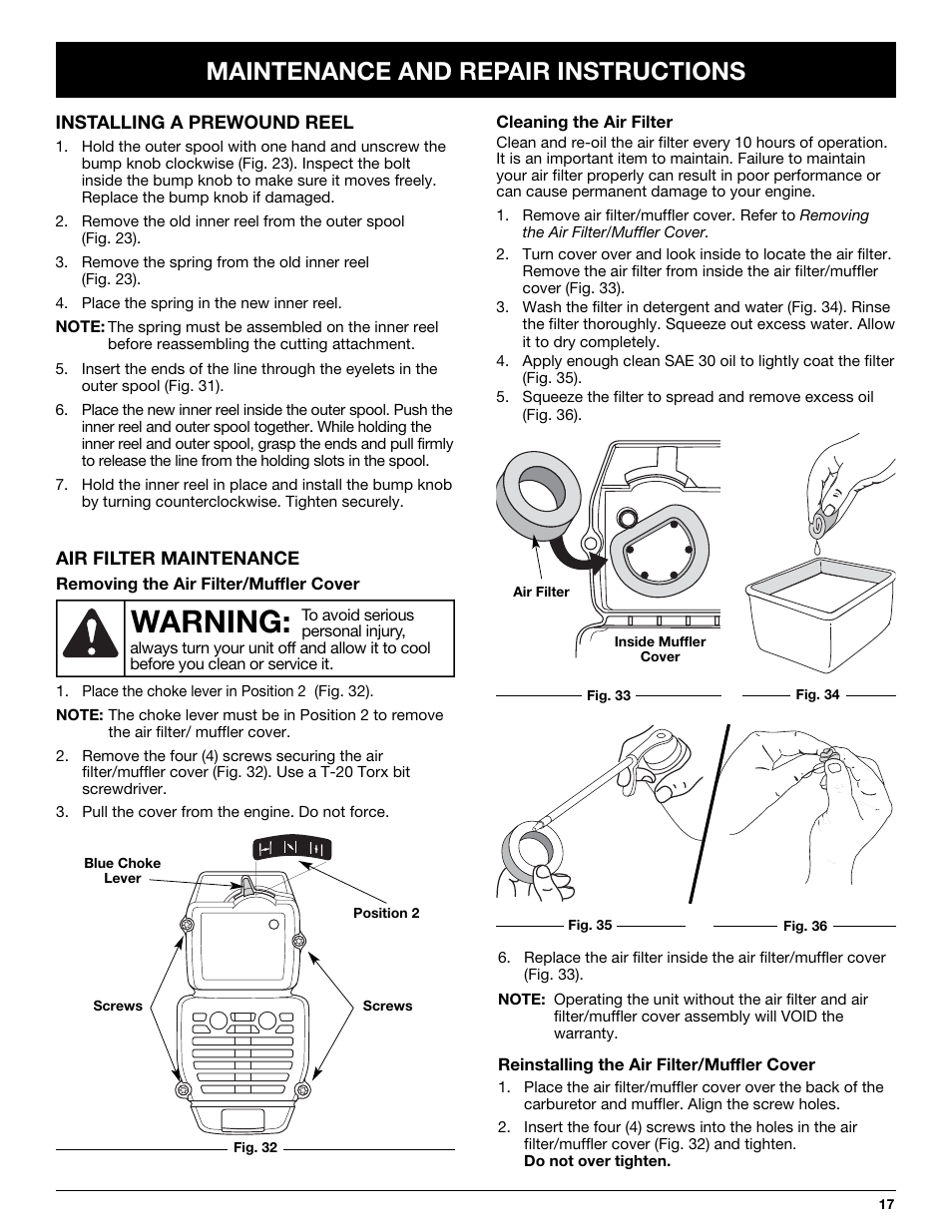 Warning, Maintenance and repair instructions | Yard Machines LT31CSH User Manual | Page 17 / 24