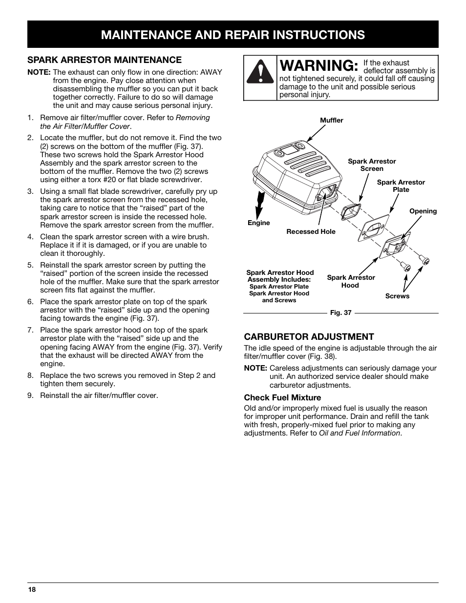 Warning, Maintenance and repair instructions | Yard Machines LT31CSH User Manual | Page 18 / 24