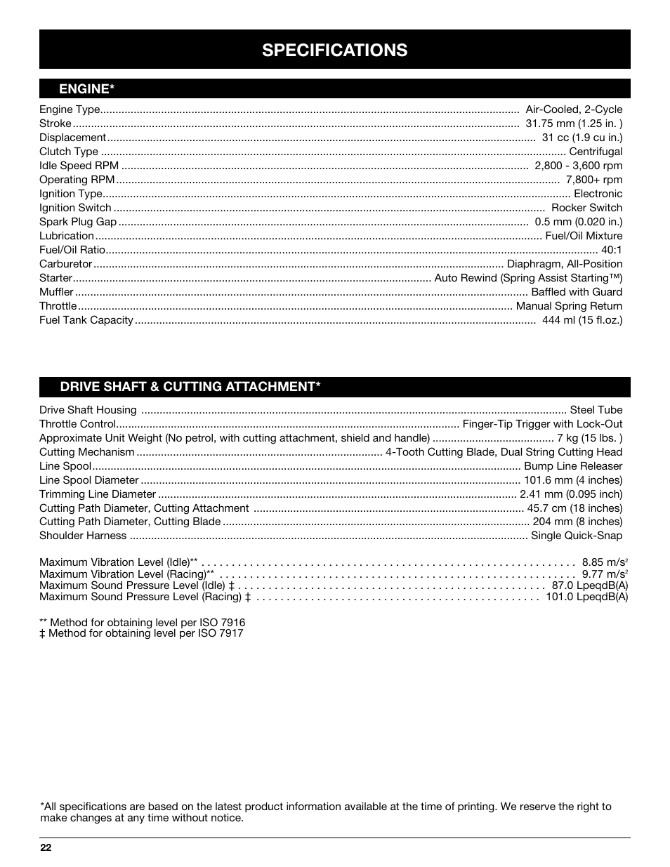 Specifications | Yard Machines LT31CSH User Manual | Page 22 / 24