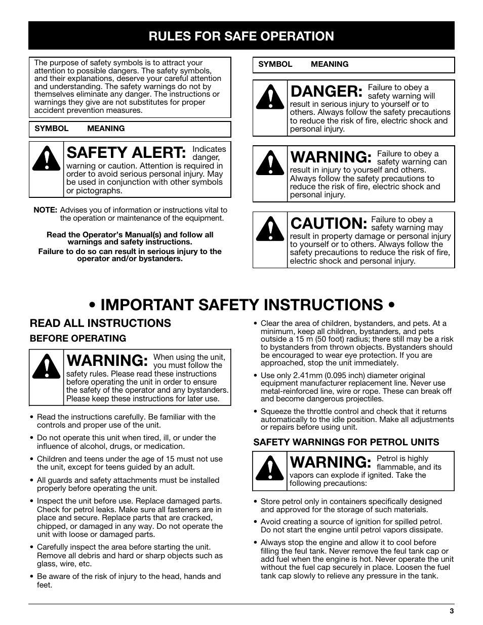 Warning: • important safety instructions, Warning, Danger | Caution, Safety alert, Rules for safe operation, Read all instructions | Yard Machines LT31CSH User Manual | Page 3 / 24