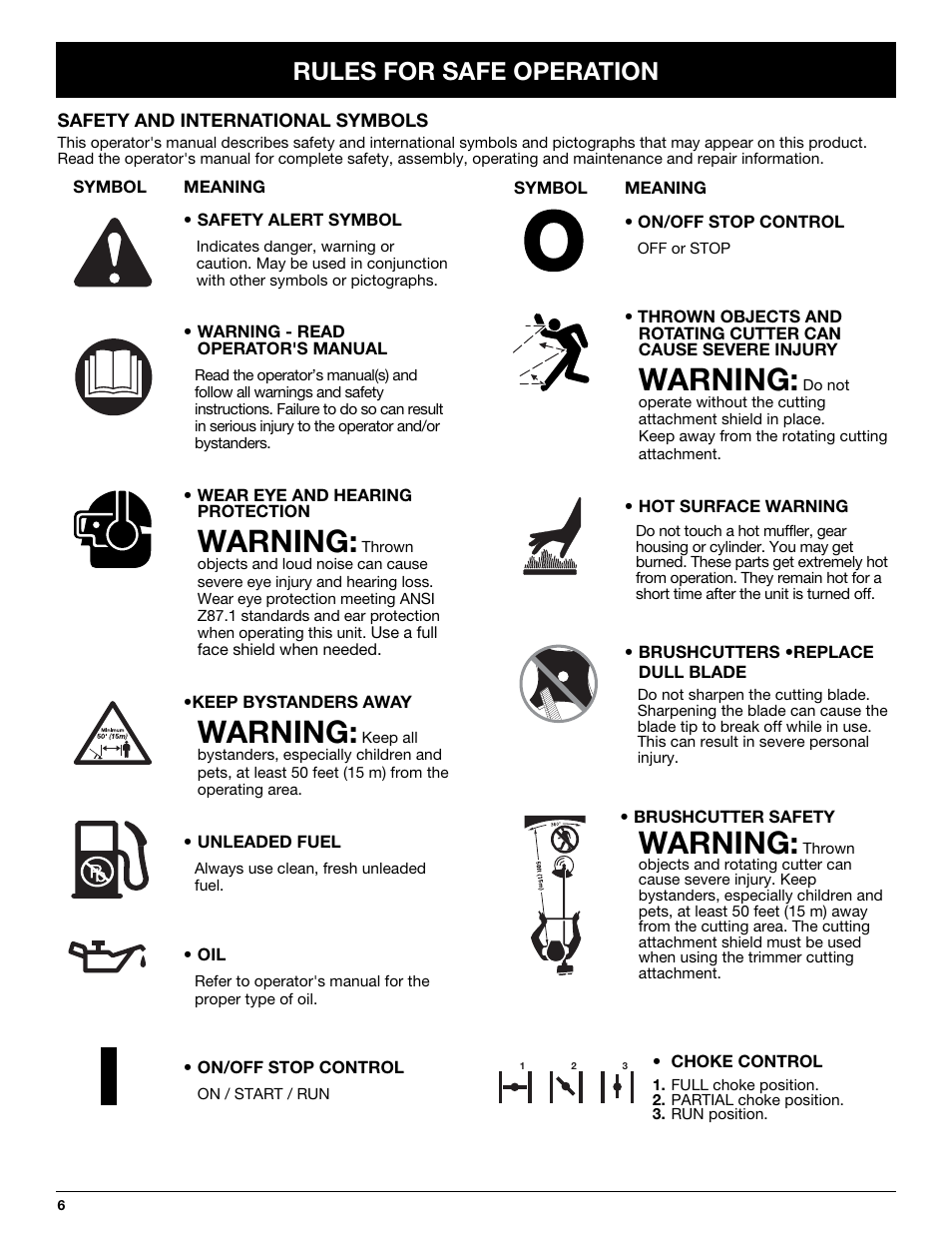 Warning, Rules for safe operation | Yard Machines LT31CSH User Manual | Page 6 / 24
