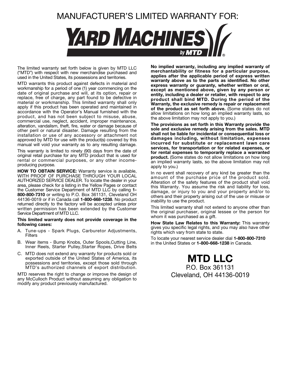 Mtd llc, Manufacturer’s limited warranty for | Yard Machines Y765 User Manual | Page 20 / 64