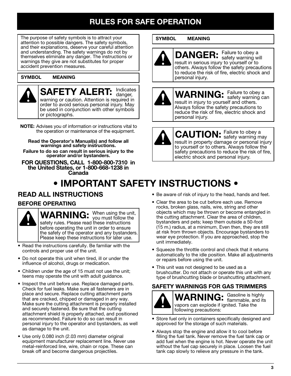Warning: • important safety instructions, Warning, Danger | Caution, Safety alert, Rules for safe operation | Yard Machines Y765 User Manual | Page 3 / 64