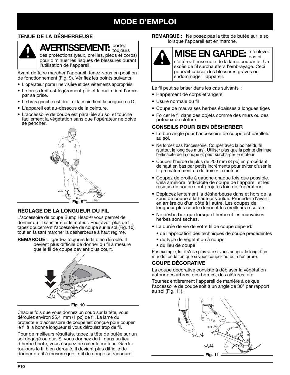Avertissement, Mise en garde, Mode d'emploi | Yard Machines Y765 User Manual | Page 30 / 64