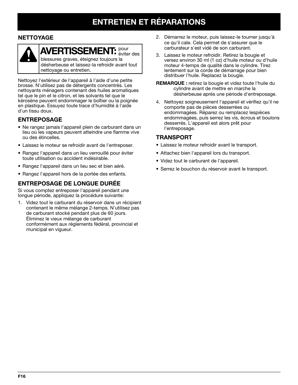 Avertissement, Entretien et réparations | Yard Machines Y765 User Manual | Page 36 / 64