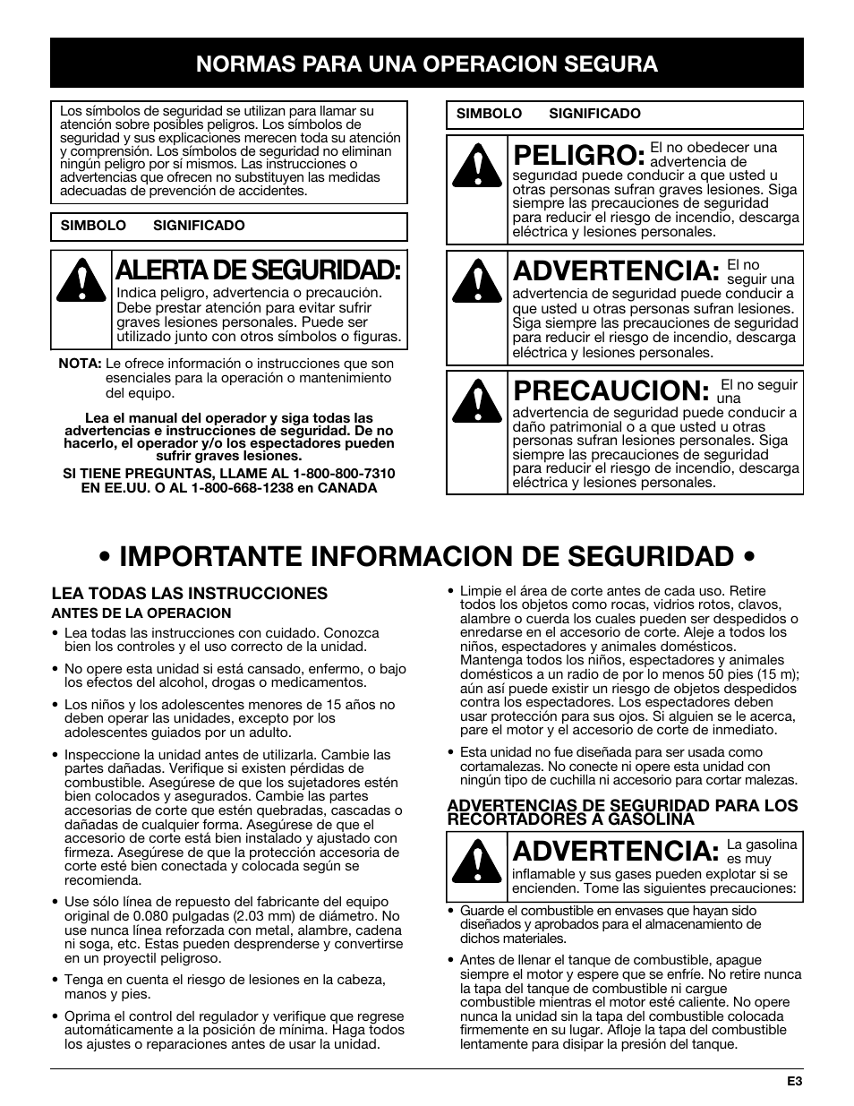 Importante informacion de seguridad, Advertencia, Peligro | Precaucion, Alerta de seguridad, Normas para una operacion segura | Yard Machines Y765 User Manual | Page 43 / 64