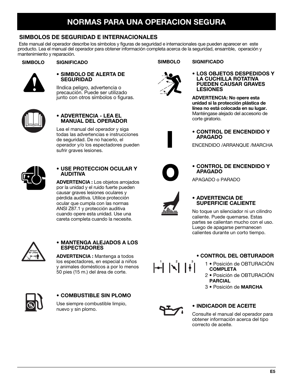 Normas para una operacion segura | Yard Machines Y765 User Manual | Page 45 / 64