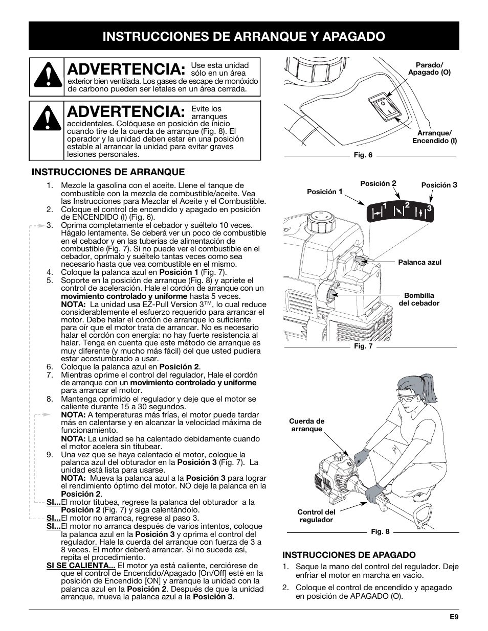 Advertencia, Instrucciones de arranque y apagado | Yard Machines Y765 User Manual | Page 49 / 64