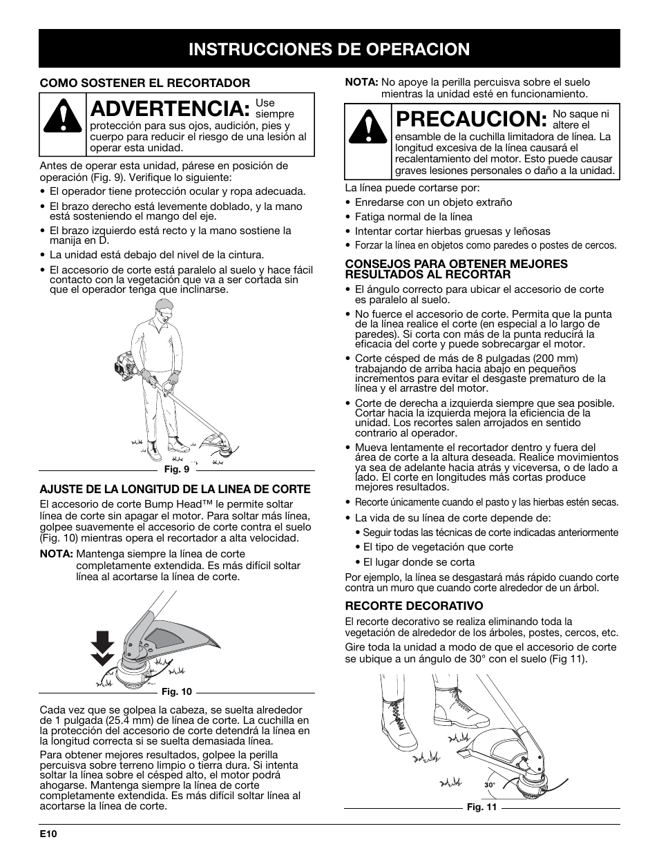 Precaucion, Advertencia, Instrucciones de operacion | Yard Machines Y765 User Manual | Page 50 / 64