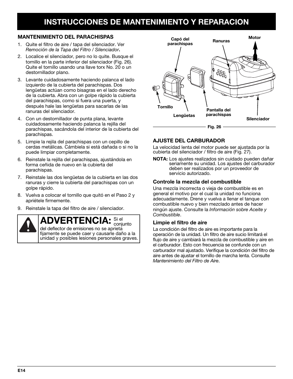 Advertencia, Instrucciones de mantenimiento y reparacion | Yard Machines Y765 User Manual | Page 54 / 64