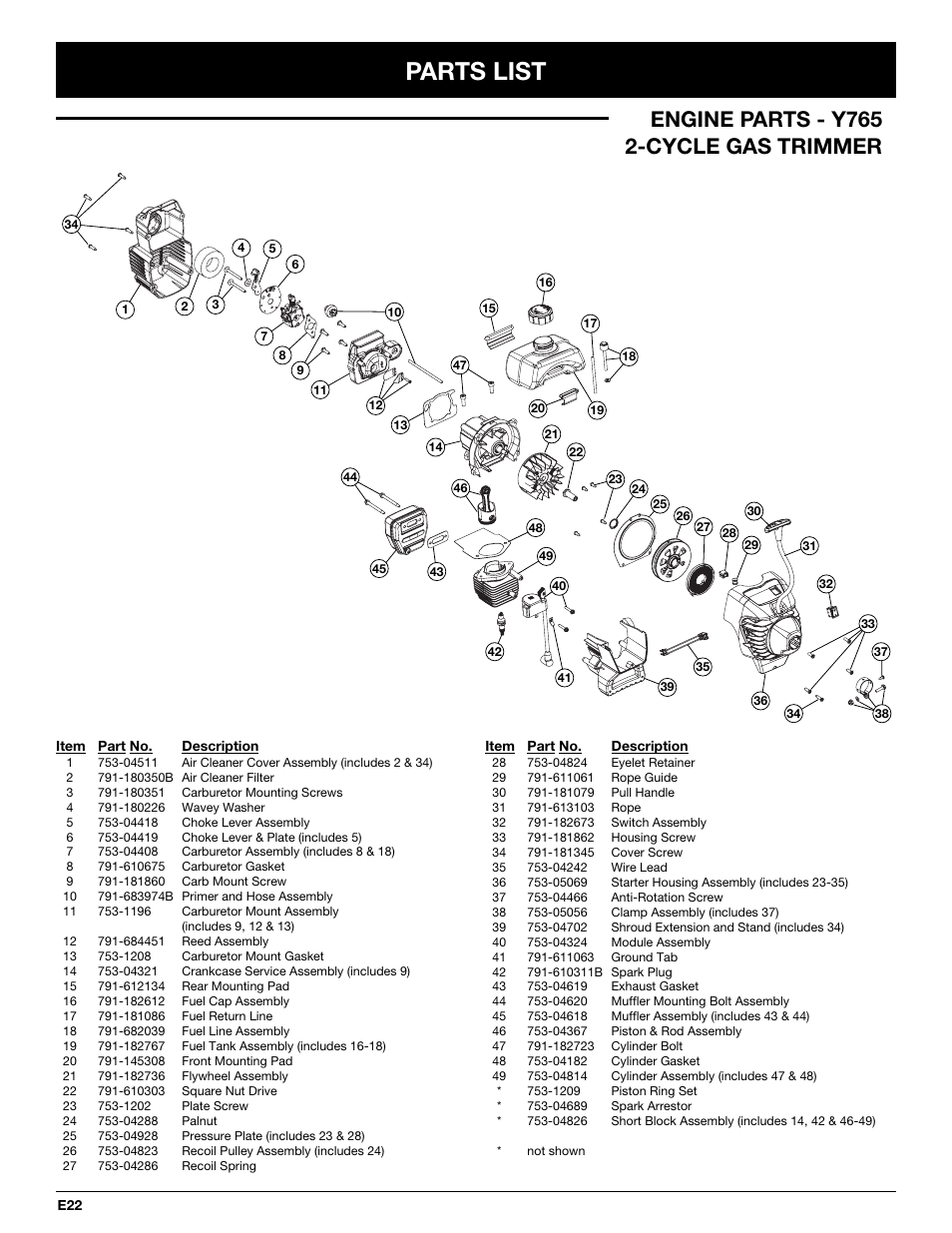 Parts list, Engine parts - y765 2-cycle gas trimmer | Yard Machines Y765 User Manual | Page 62 / 64