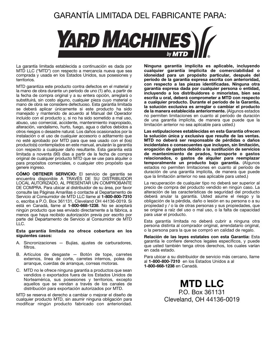 Mtd llc, Garantía limitada del fabricante para | Yard Machines Y765 User Manual | Page 64 / 64