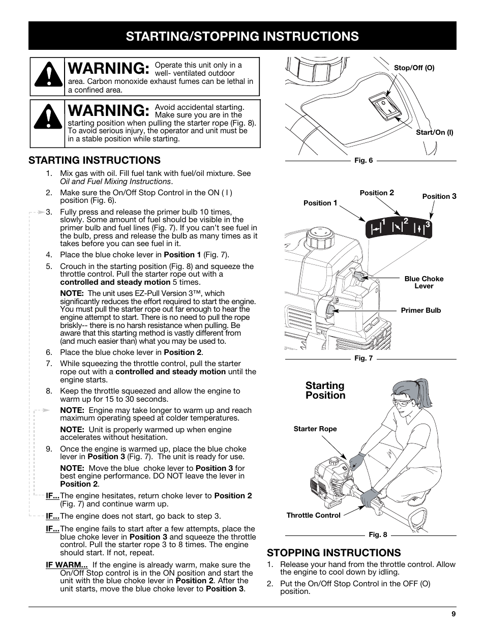 Warning, Starting/stopping instructions, Starting position | Starting instructions stopping instructions | Yard Machines Y765 User Manual | Page 9 / 64