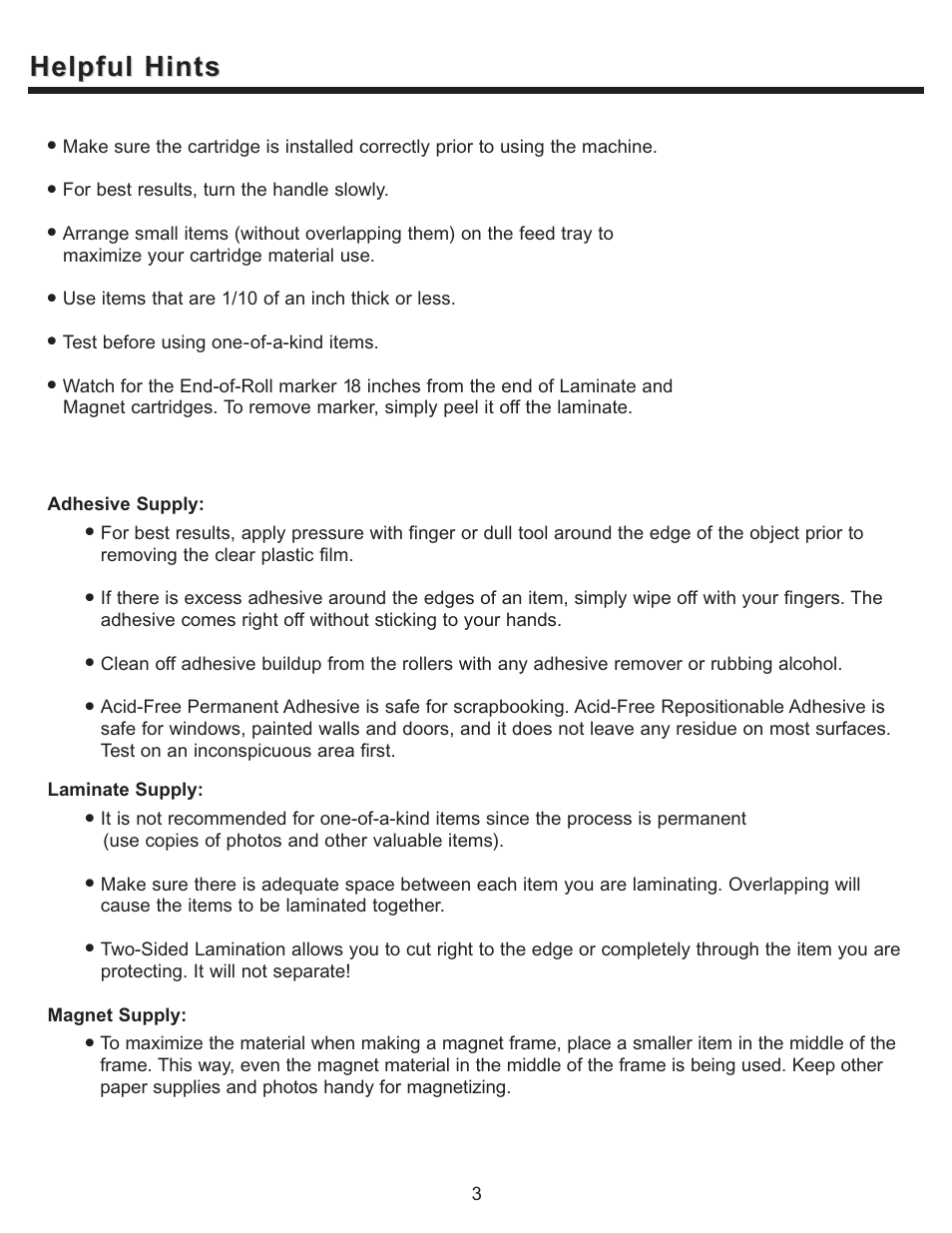 Helpful hints | Xyron ProFinishTM Jr. User Manual | Page 4 / 5